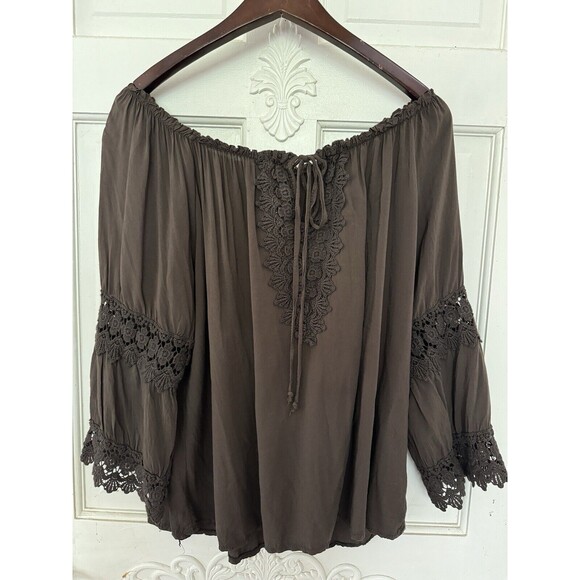 Tesoro Vintage Italian Blouse Boho Brown Crochet Trim One Size Made in Italy - Picture 1 of 5